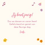 Gezellige verjaardagskaart met dansende kat met bloemen 3