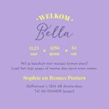 Hip modern stoer geboortekaartje paars geel voorletter Achterkant