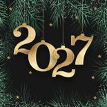 Kerstkaart 2027 kerstballen hond 2