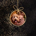 Kerstkaart 2027 met foto kerstbal en sneeuwvlokken 2