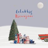 Kerstkaart amerikaanse auto rood met kerstman 3