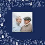 Kerstkaart blauw wit lijntekeningen eigen foto fijne kerst 2