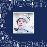 Kerstkaart blauw wit lijntekeningen eigen foto fijne kerst 2