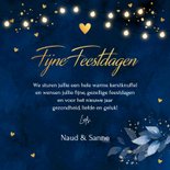 Kerstkaart donkerblauw botanisch bladeren lampjes goudlook 3