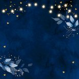 Kerstkaart donkerblauw botanisch bladeren lampjes goudlook Achterkant