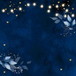 Kerstkaart donkerblauw botanisch bladeren lampjes goudlook Achterkant