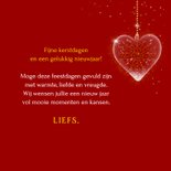 Kerstkaart glazen kerstballen op rood met foto en jaartal 3