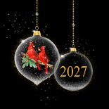 Kerstkaart glazen kerstballen op zwart met jaartal 2