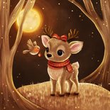 Kerstkaart hert met roodborstje in sprankelend bos 2