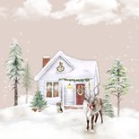Kerstkaart huisje in winterlandschap met rendier 2