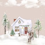 Kerstkaart huisje in winterlandschap met rendier 2