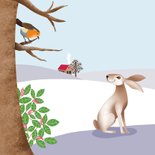 Kerstkaart - Landschap met haas en roodborstje 2
