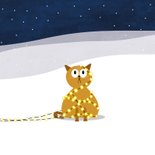 Kerstkaart met kat verstrikt in kerstlampjes 2