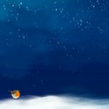 Kerstkaart met sneeuwpop en roodborstje in de sneeuw Achterkant