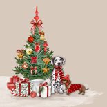Kerstkaart met versierde kerstboom en hondjes 2