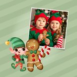 Kerstkaart met vrolijk kerstelfje en gemberkoek mannetje 2