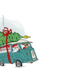 Kerstkaart oldtimer bus met kerstmannen en kerstboom 2