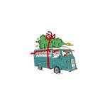 Kerstkaart oldtimer bus met kerstmannen en kerstboom Achterkant