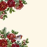 Kerstkaart rode pioenrozen met hulst en roodborstjes 2