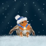 Kerstkaart roodborstje met muts op schaatsen 2