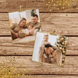 Kerstkaart sprankelend stoer hout goud confetti foto label 2