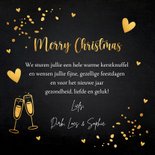 Kerstkaart zwart goudlook typografie champagne hartjes 3