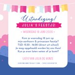 Kinderfeestje uitnodiging meisje met lieve eenhoorn en fee 3
