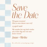 Lichtblauw geblokte save the date kaart bruiloft koper Achterkant