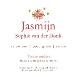 Lief geboortekaartje bloemenkader foto klassiek strik streep Achterkant