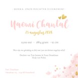 Lief geboortekaartje met waterverf hartjes, vlinders en foto Achterkant