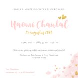 Lief geboortekaartje met waterverf hartjes, vlinders en foto Achterkant