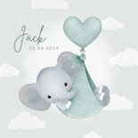 Lief geboortekaartje olifantje in draagzak, ballon & wolkjes