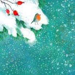 Lief kerstkaart met roodborst en kerstlampjes 2