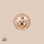 Lieve hondenkaart van klein hondje met bloemenkrans op kop 2