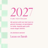 Moderne kerstkaart groene blokjes met foto en roze 3