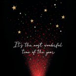 Moderne kerstkaart rode lichtjes en gouden tekst 2