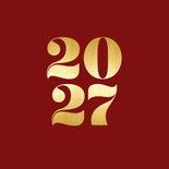 Moderne strakke kerstkaart met 2027 in goudfolie rood 2