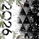 Nieuwjaarskaart 2026 label op sneeuw 2