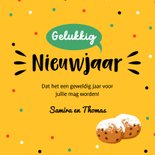 Nieuwjaarskaart met oliebol en confetti met gele achtergrond 3