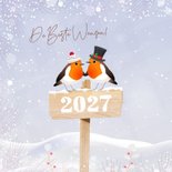 Nieuwjaarskaart verliefde roodborstjes in sneeuwlandschap 2