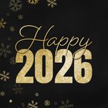 Nieuwjaarskaartje happy 2026 met sneeuwvlokjes goud 2