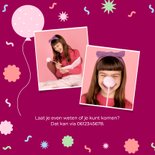 Paarse kinderfeestje uitnodiging fotokaart met confetti 2