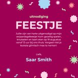 Paarse kinderfeestje uitnodiging fotokaart met confetti 3