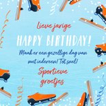 Sportieve verjaardagskaart met klapschaats en medaille 3