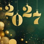 Sprankelende kerstkaartjes groen met gouden kerstballen 2027 2