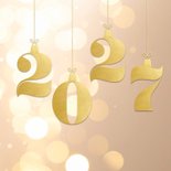Stijlvol beige kerstkaartje 2027 goud met bokeh 2