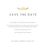 Stijlvolle witte Save the Date kaart met gouden duifjes  3