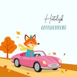 Stoere verjaardagskaart met vos in auto 2