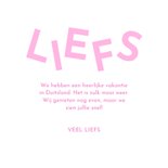 Trendy vakantiekaartje met roze speelse typografie liefs 3