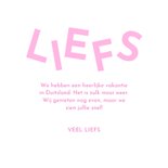 Trendy vakantiekaartje met roze speelse typografie liefs 3